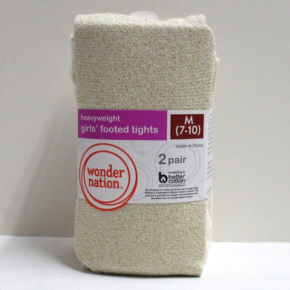 2 Pair Wonder Nation Girls Medium 7-10 Heavyweight Footed Tights 1 Gold 1 Ivory - Picture 1 of 6